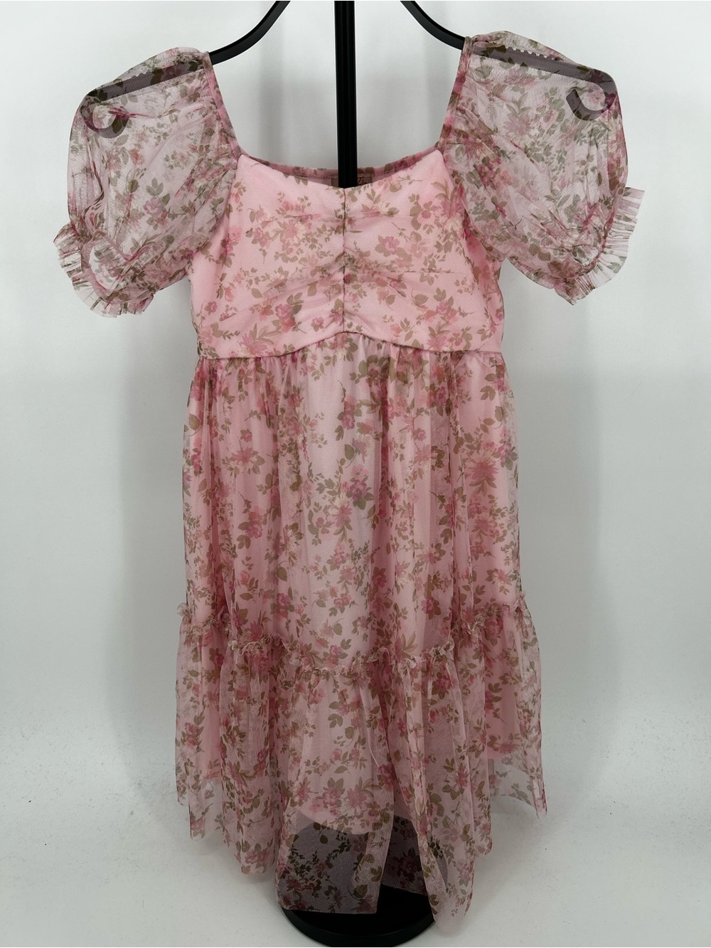 Zenzi Pink Floral Chiffon Party Dress with Puff Sleeves Size M (8)